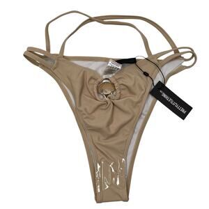 PrettyLittleThing Stone Strappy High Leg Shell Detail Bikini Bottoms 4 NWT Tan
